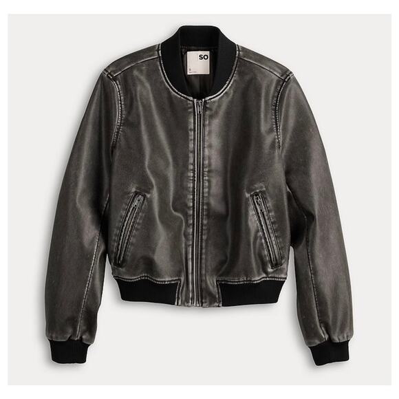 SO Faux Leather Bomber Jacket L Black Zip Front Vegan Moto Streetwear NWT edgy - Picture 5 of 10